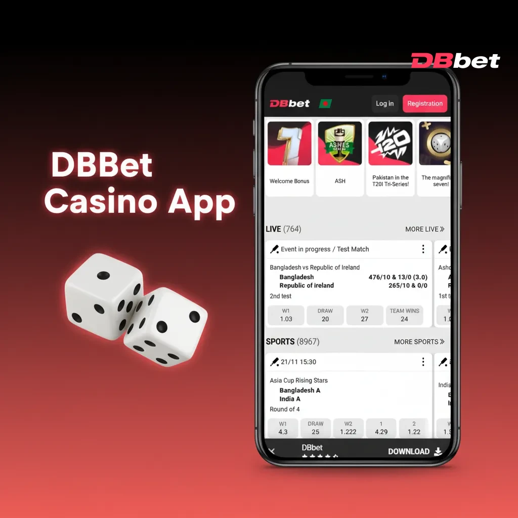 DBBet Casino App home screen with casino and sports tabs, slots, table games, live dealer lobbies, and promo offers.