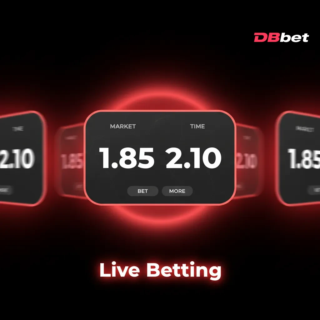 DBBet live betting dashboard showing in-play odds for cricket, football, tennis, basketball, with cash out and stats.