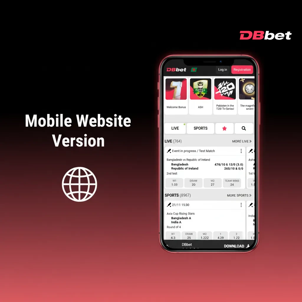 DBBet mobile site on phone and tablet: browse odds, play slots, watch live matches, manage payments—no storage needed.