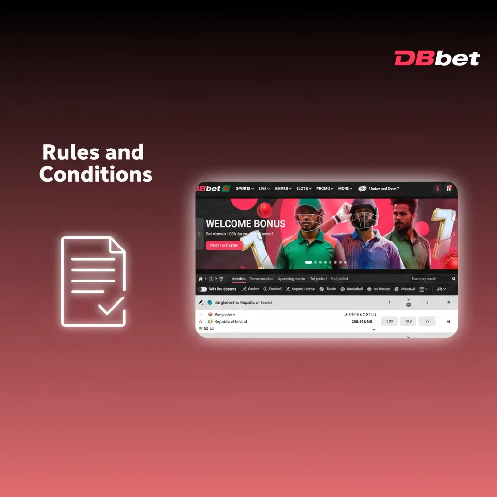 DBBet rules and conditions graphic: checklist of 18+, one account, KYC, bonus wagering limits, responsible play.